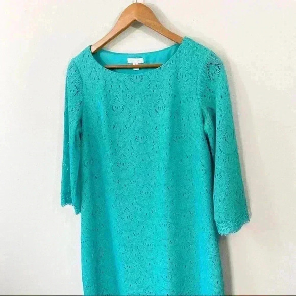 London Times teal lace overlay shift dress - Picture 2 of 4